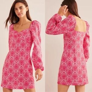 Boden Dress Womens Size 2 Red & White Floral Puff Sleeve Mini Shift